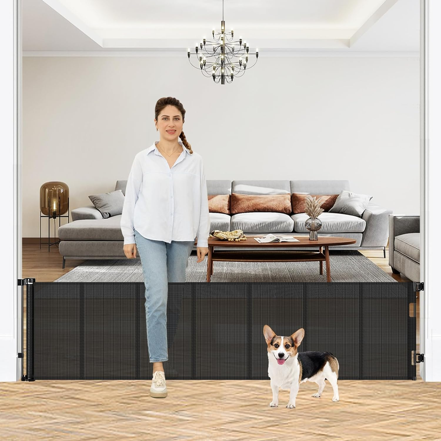 24 Inches Tall Retractable Baby Gates for Doorways, Short Dog Gates to Step Over, Extends up to 55" Wide, Reinforced Mesh Baby Gate for Kids or Pets, Gates Puppy Gates for The House (Black)
