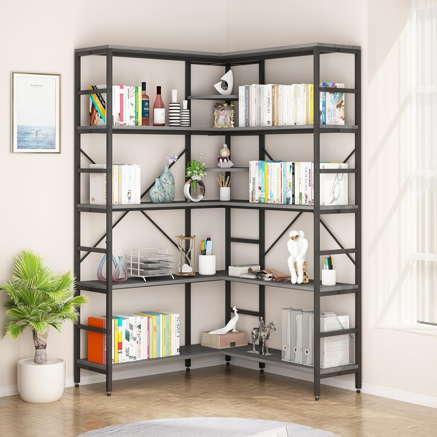 L-Shaped Corner Bookshelf, 5-Tier Industrial Bookcase with Heavy-Duty Metal Frame, Tall Storage Display Shelf for Bedroom, Living Room, and Home Office