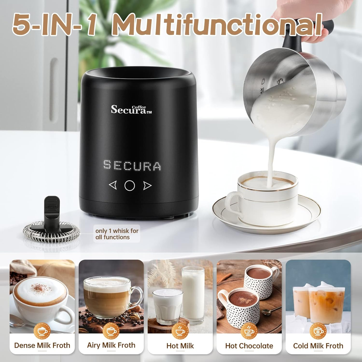 Secura Milk Frother, 5-IN-1 Electric Milk Steamer with Detachable Stainless Steel Jug Automatic Hot/Cold Foam & Hot Chocolate Maker with LED Touch Screen, Temperature Display, Induction Heating