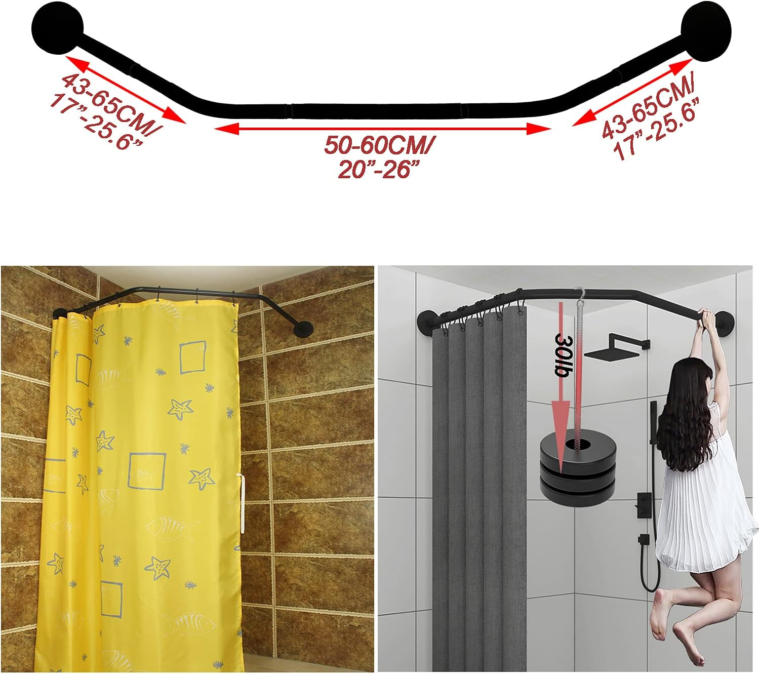 Stretchable 304 Stainless L Shaped Bathroom Bathtub Corner Shower Curtain Rod Rack(Diamond Shaped Black, Length on Both Sides: 17"-25.6",Middle Width:20"-26")