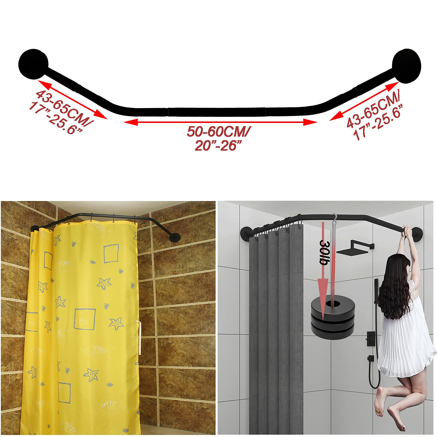 Stretchable 304 Stainless L Shaped Bathroom Bathtub Corner Shower Curtain Rod Rack(Diamond Shaped Black, Length on Both Sides: 17"-25.6",Middle Width:20"-26")