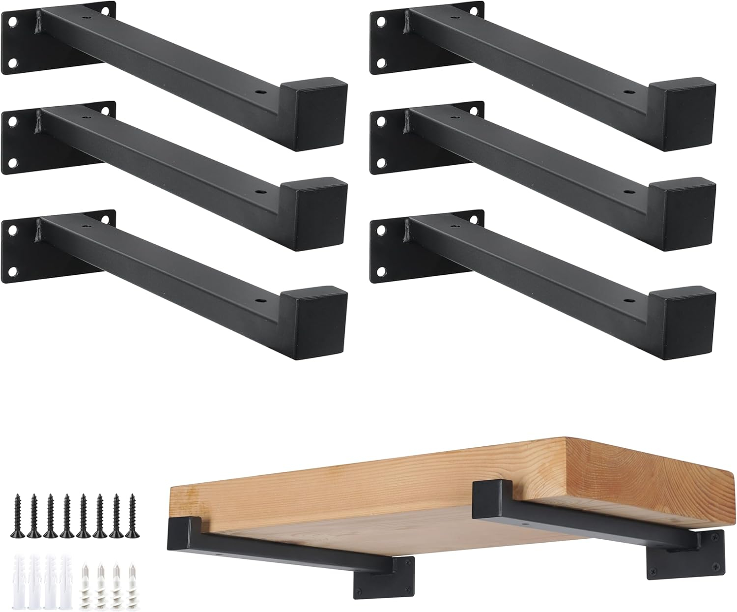 EZYDECOR 6Pcs Floating Shelves Brackets Heavy Duty Wooden Shelf Brackets 10inch Decorative Wall Shelf Brackets & Supports with Lip (Black) 10"