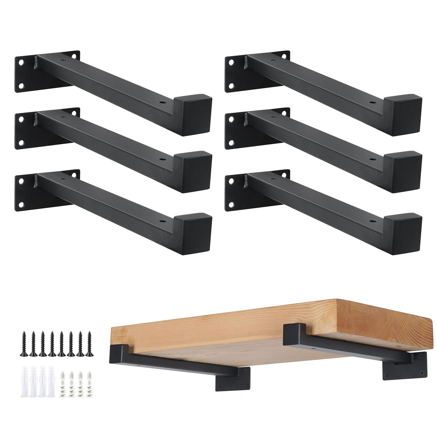 EZYDECOR 6Pcs Floating Shelves Brackets Heavy Duty Wooden Shelf Brackets 10inch Decorative Wall Shelf Brackets & Supports with Lip (Black) 10"