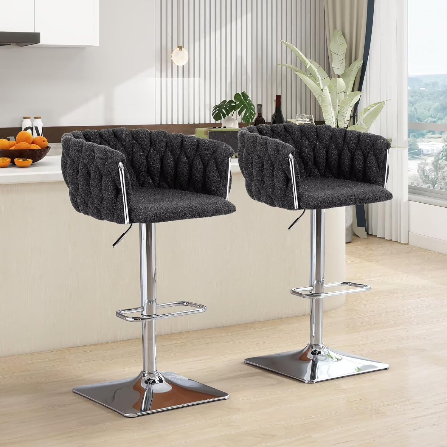 Swivel Bar Stools Set of 2, Adjustable Counter Height Barstools with Wing Back, Nailheads Trim and Sliver Footrest, Velvet Button Tufted Upholstered Bar Chairs for Dining Room Kitchen Island, Gray