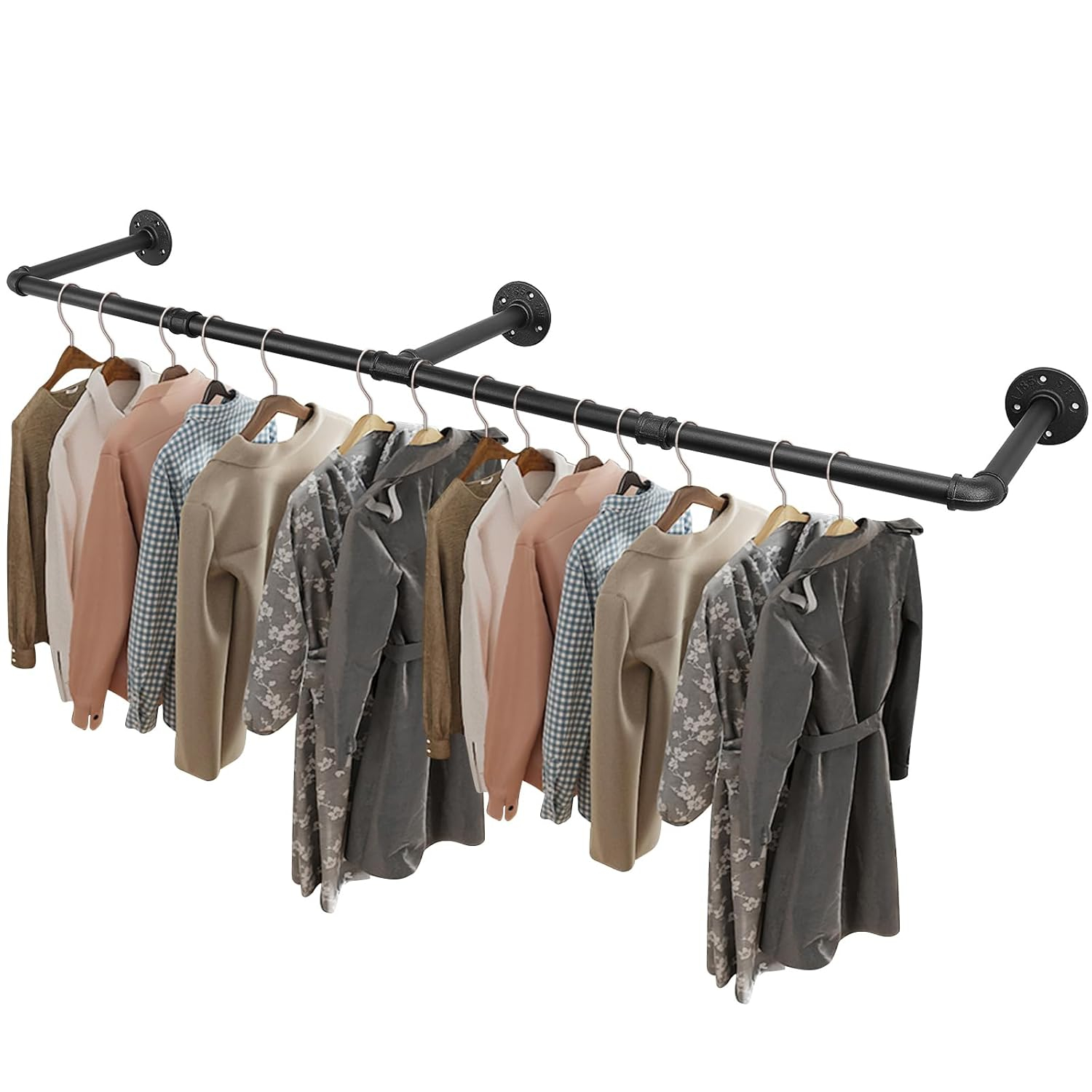 Livabber Industrial Pipe Clothes Rack, Heavy Duty Detachable Iron Garment Rack Wall Mounted, Rustic Saving Space Clothes Bar Multi-Purpose Hanging Rod for Bedroom, Closet, Black (60 Inch)