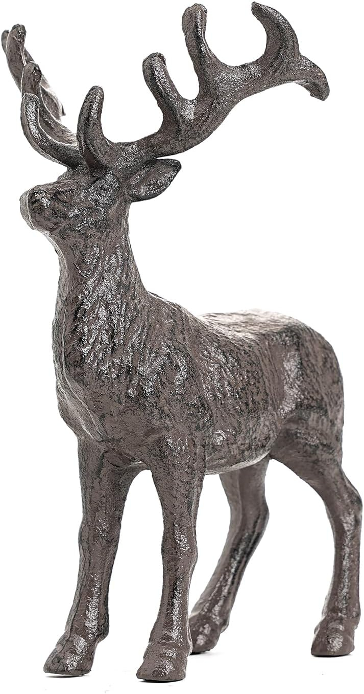 Sungmor Cast Iron Deer Statue, Christmas Reindeer Figurine, Rustic Brown Heavy Standing Elk Vintage Home Decor Sculpture, Indoor Outdoor Shelf Tabletop Holiday Decorations