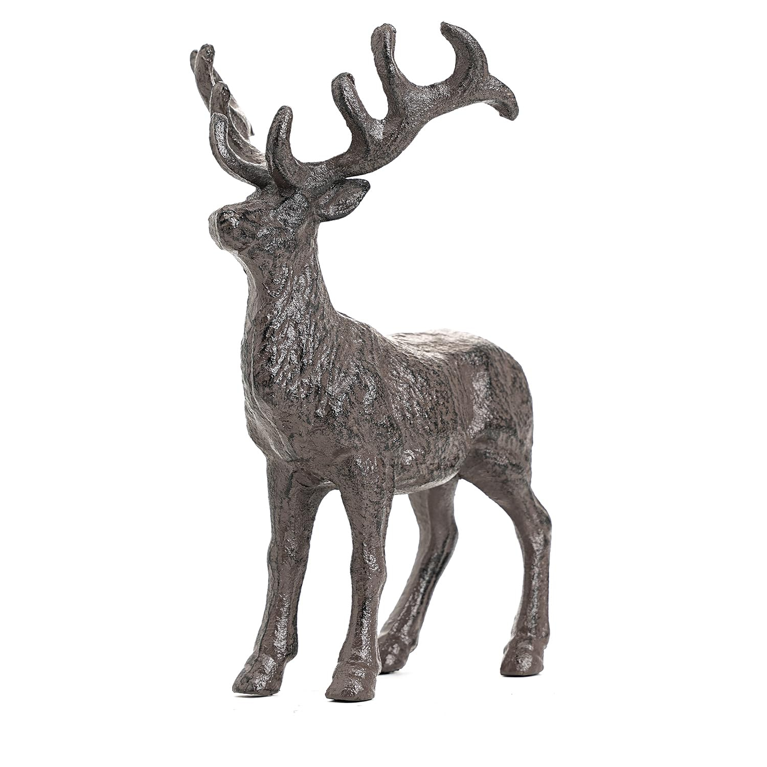 Sungmor Cast Iron Deer Statue, Christmas Reindeer Figurine, Rustic Brown Heavy Standing Elk Vintage Home Decor Sculpture, Indoor Outdoor Shelf Tabletop Holiday Decorations