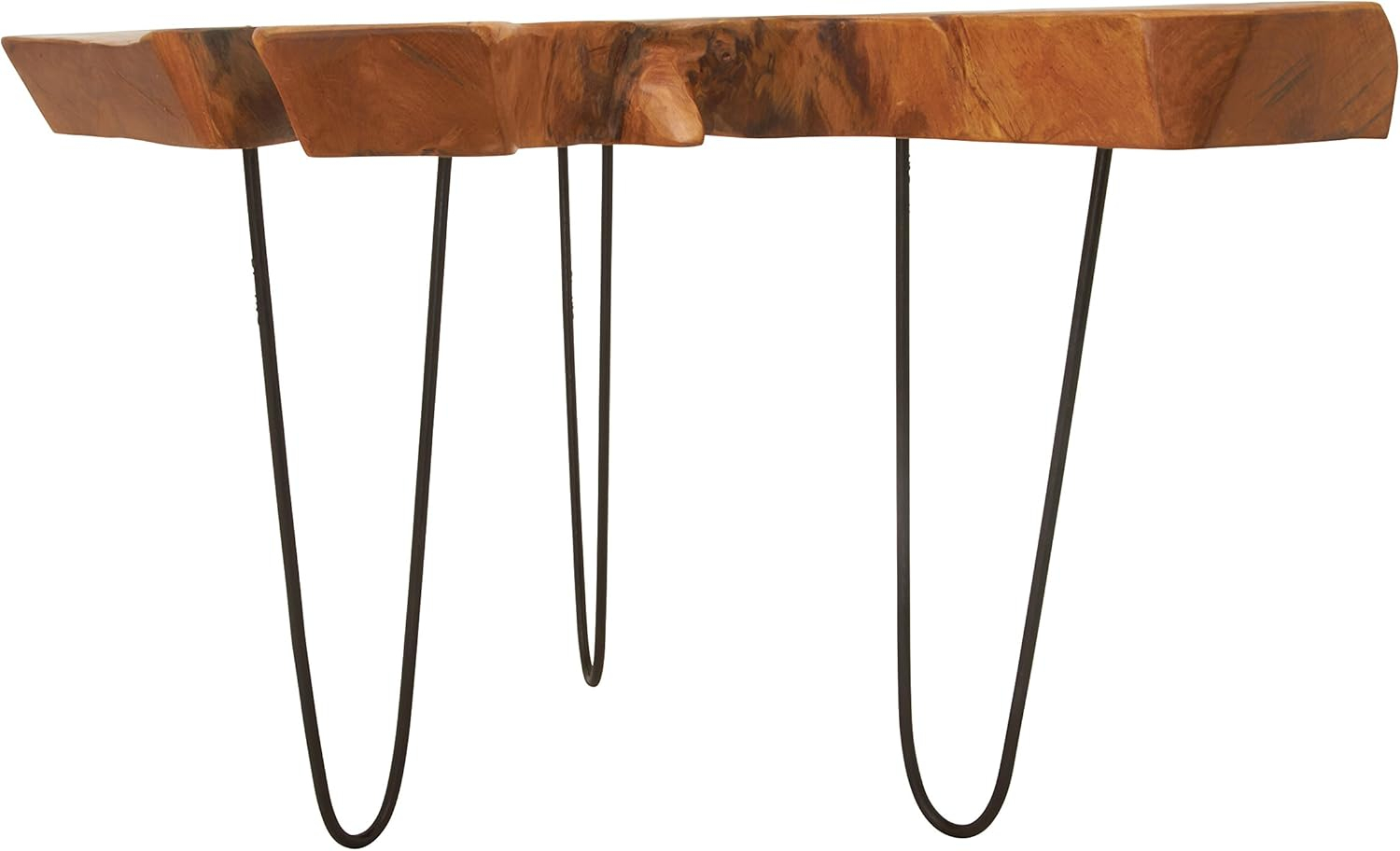 DecMode 28" x 19" Brown Wood Handmade Live Edge Top Coffee Table with Black Metal Hairpin Legs, 1-Piece
