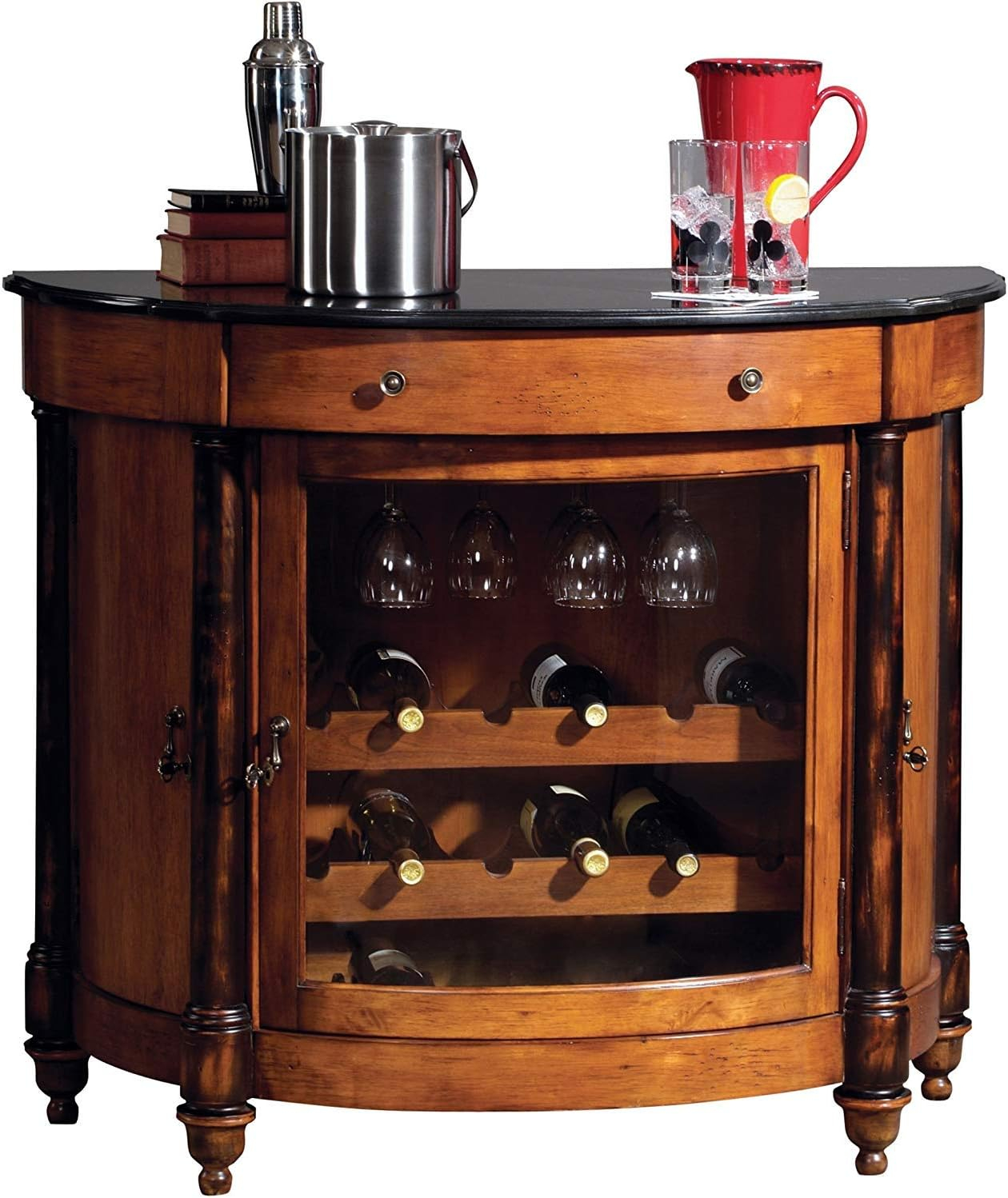 Vintage Umber & Worn Black Demilune Wine Cabinet with Granite Top