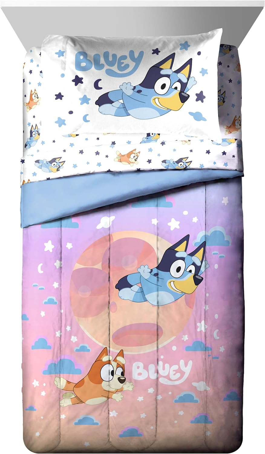 BBC Bluey Sisters Sleepy Time 5 Piece Twin Size Kids Bed Set with Shams