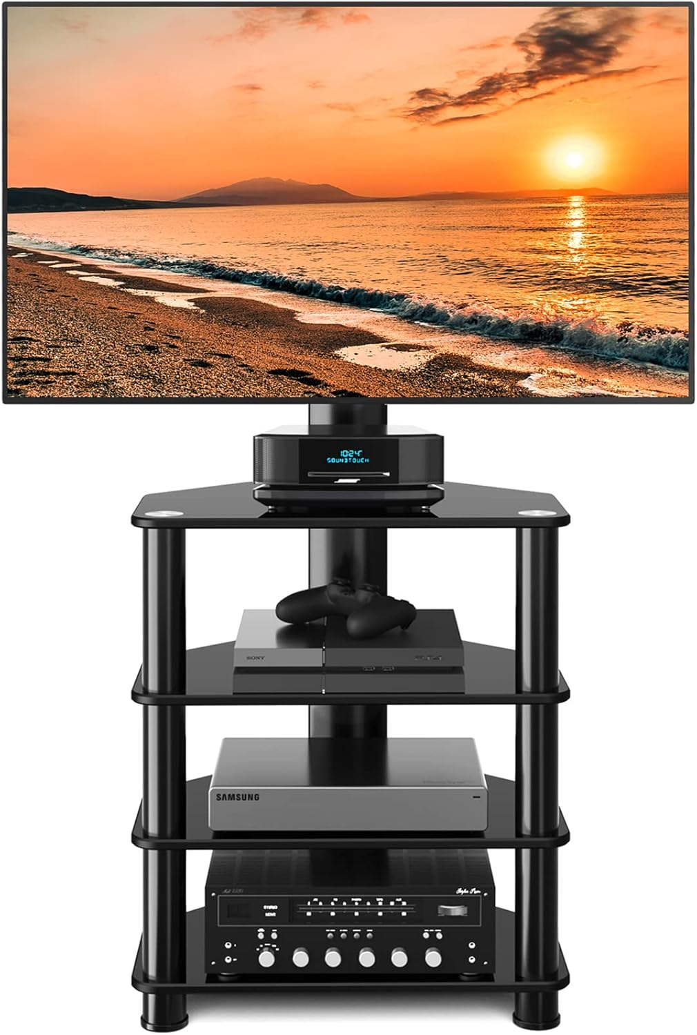4-Tiers Media Component TV Stand with Swivel Mount Audio Shelf and Height Adjustable Bracket, Black Floor TV Stand for 32-70 Inch LCD LED OLED Flat/Curved Screen TVs