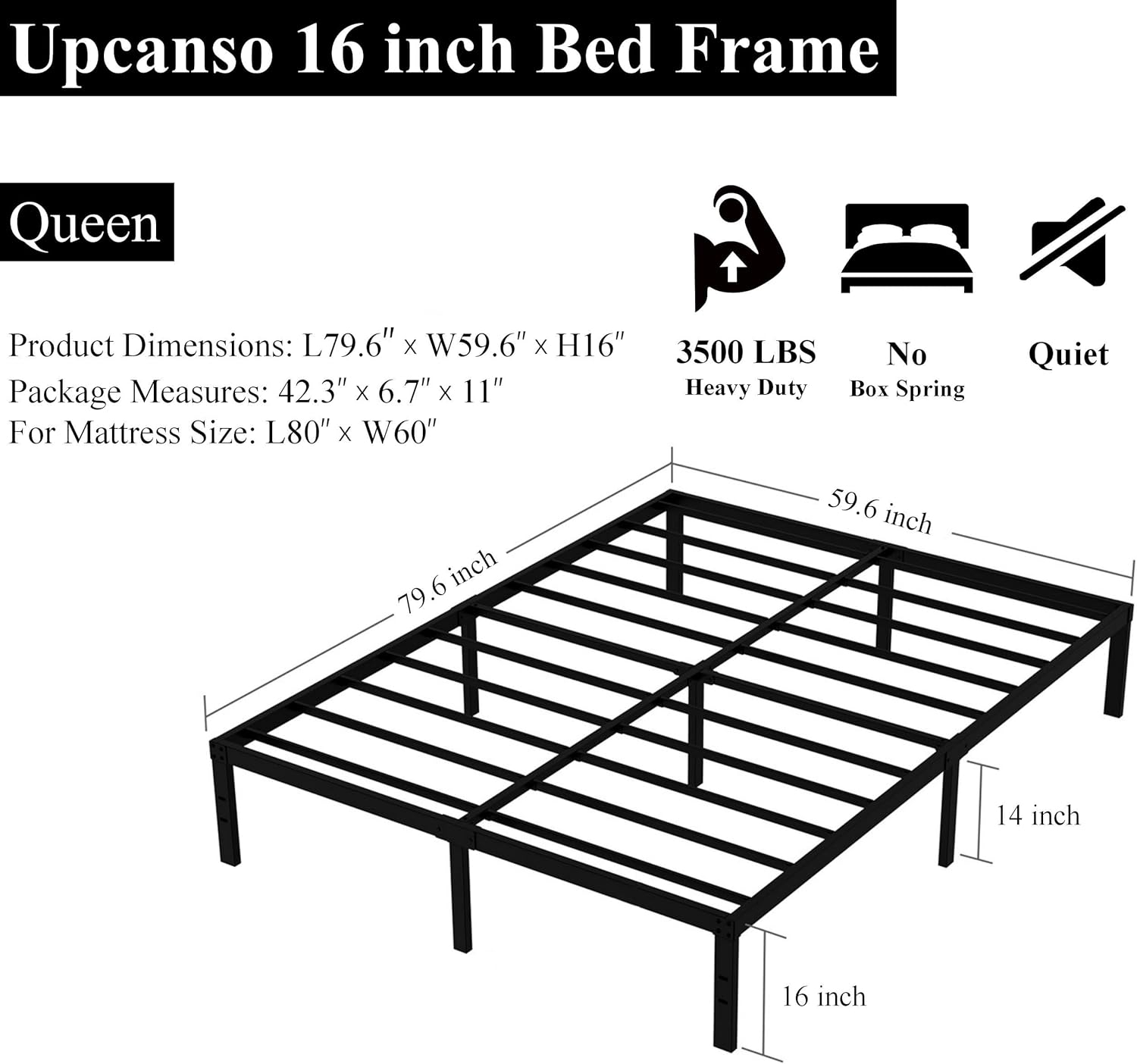 16 Inch Queen Bed Frame No Box Spring Required, Metal Platform Queen Size Bed Frames with 14 Inch Storage, 3,500 lbs Heavy Duty Steel Slats Support, Easy Assembly Mattress Foundation