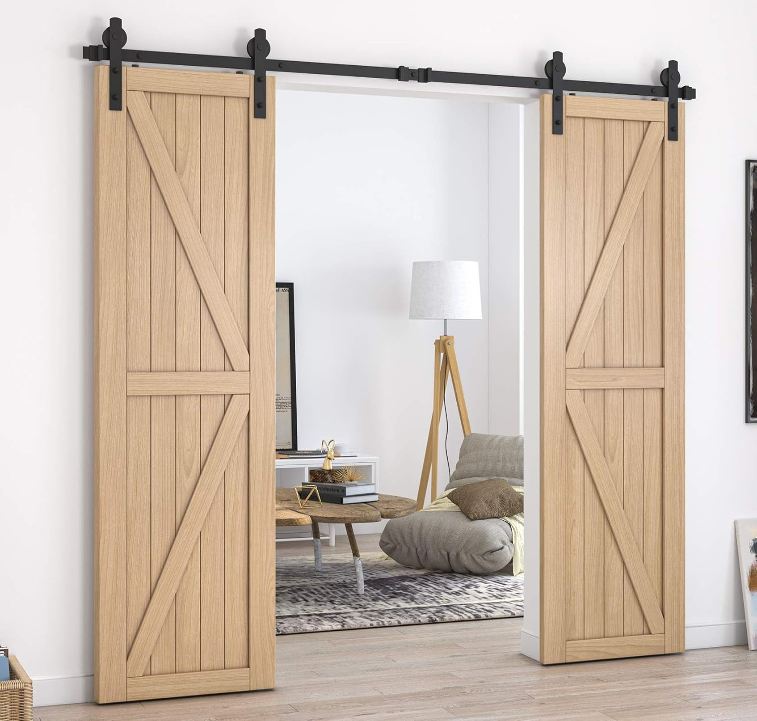 8ft Heavy Duty Sturdy Sliding Barn Door Hardware Kit, Double Door-Smoothly and Quietly, Easy to Install and Reusable - Fit 1 3/8-1 3/4" Thickness & 24" Wide Door Panel, Black(I Shape Hanger)