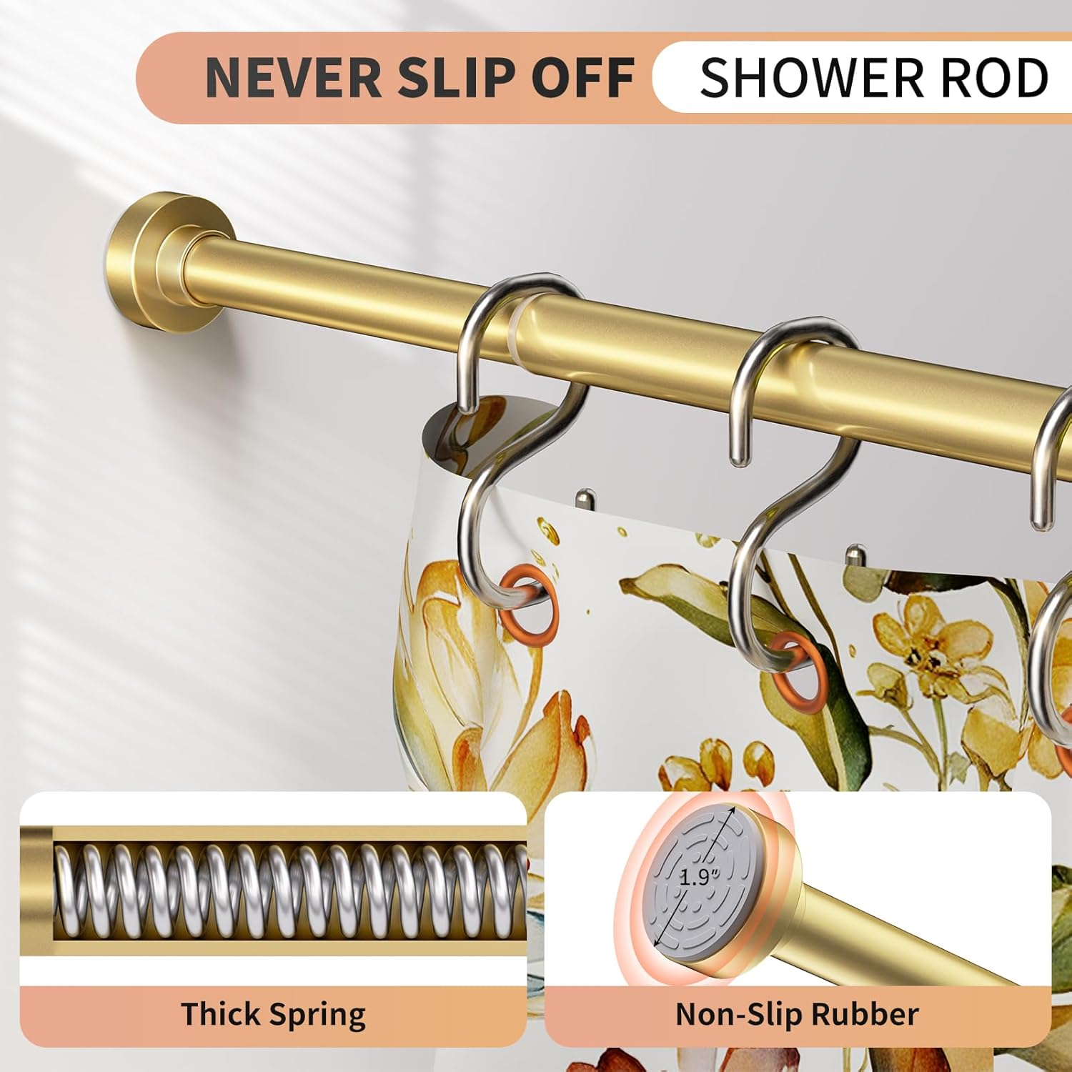 Gold Shower Curtain Rod 34-66 Inches(2.8-5.5ft) Never Rust Adjustable Shower Rod Spring Tension Non Slip No Drilling Shower Rods for Bathroom Garland Window