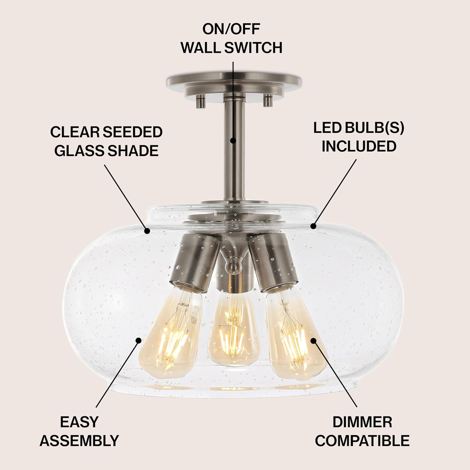 Lina 13.75" 3-Light Modern Industrial Iron/Seeded Glass LED Semi Flush Mount, Nickel/Clear
