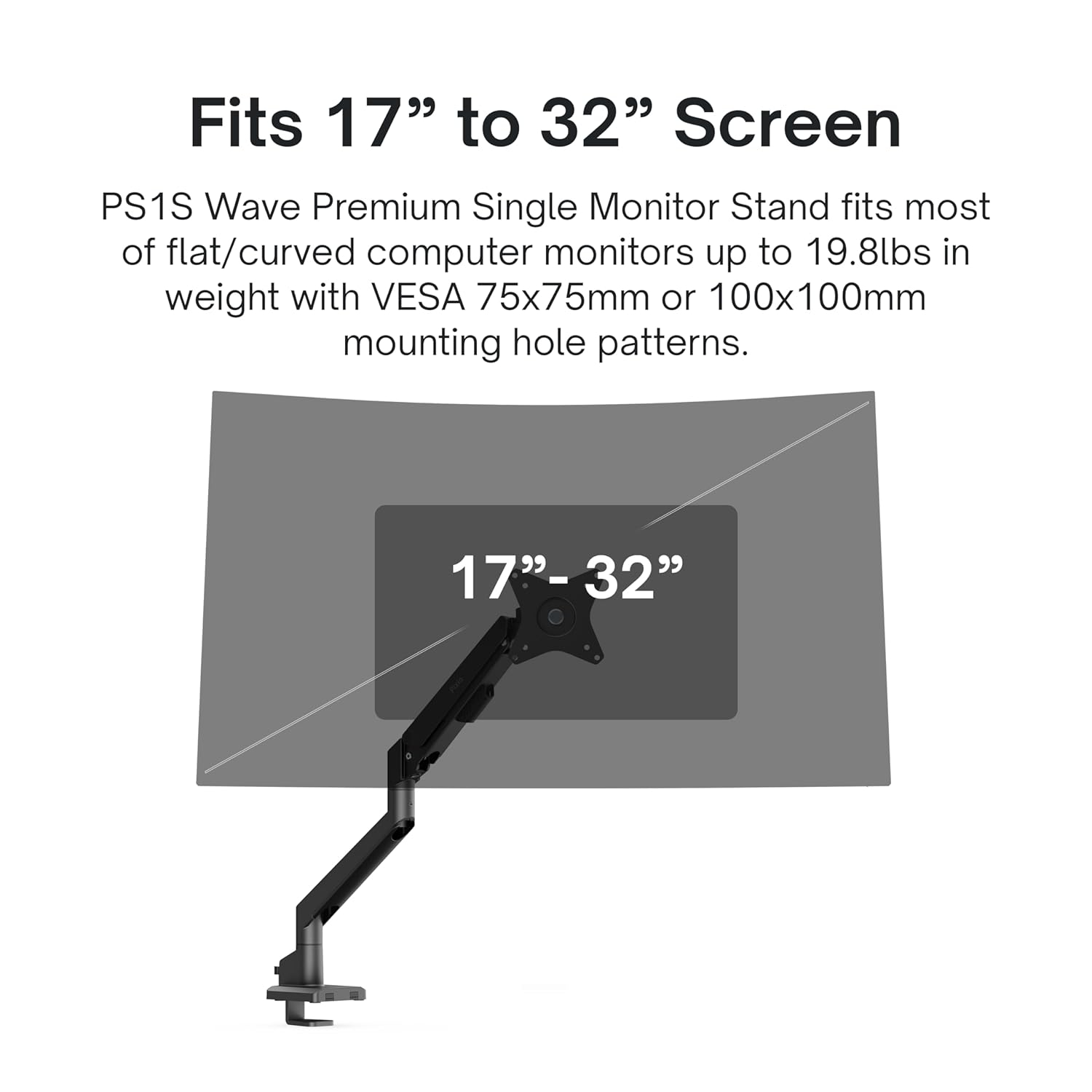 Pixio PS1S Wave Black Single Monitor Arm Stand Desk Mount - Fits up to 32 inches Monitors and up to 19.8lbs. VESA Compatibility and Integrated Cable Management