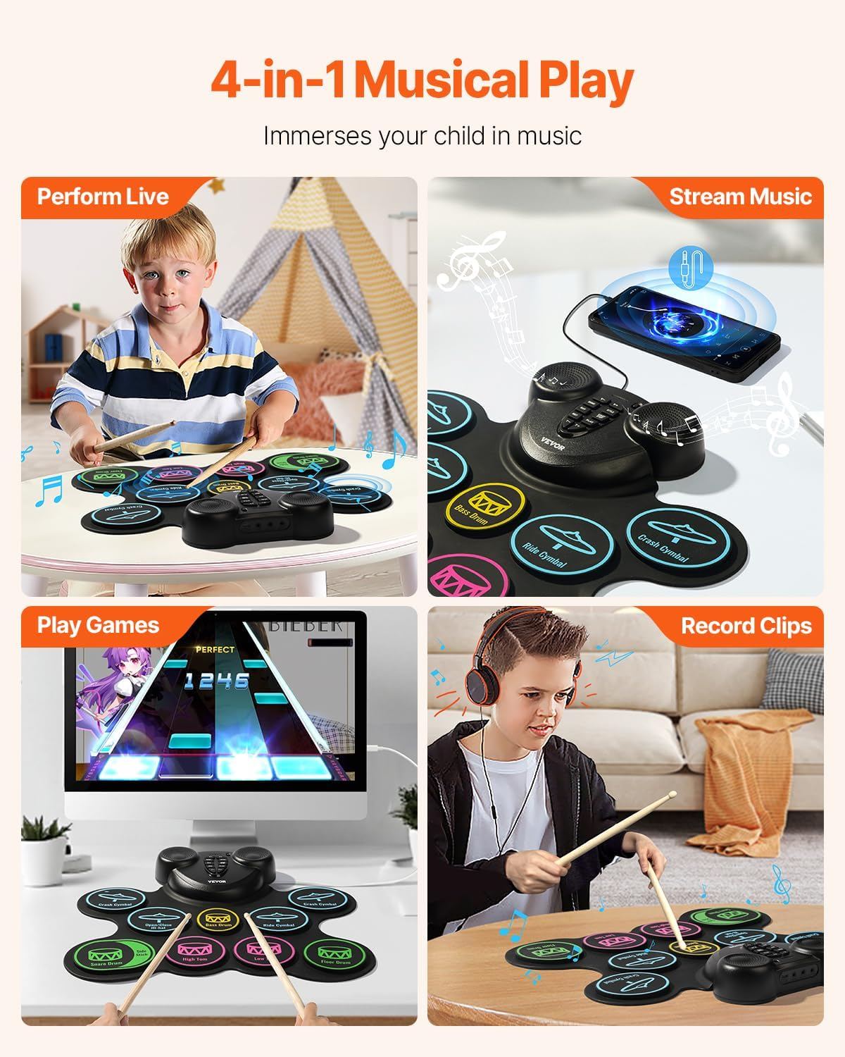 KFFKFF Electronic Drum Kit, Comprising 9 Pads, Compact Roll-up Practice Pad, Digital Drum Set with Headphone Outlet, Twin Pedals, Drum Rods, Integrated Dual Sound Systems, MIDI
