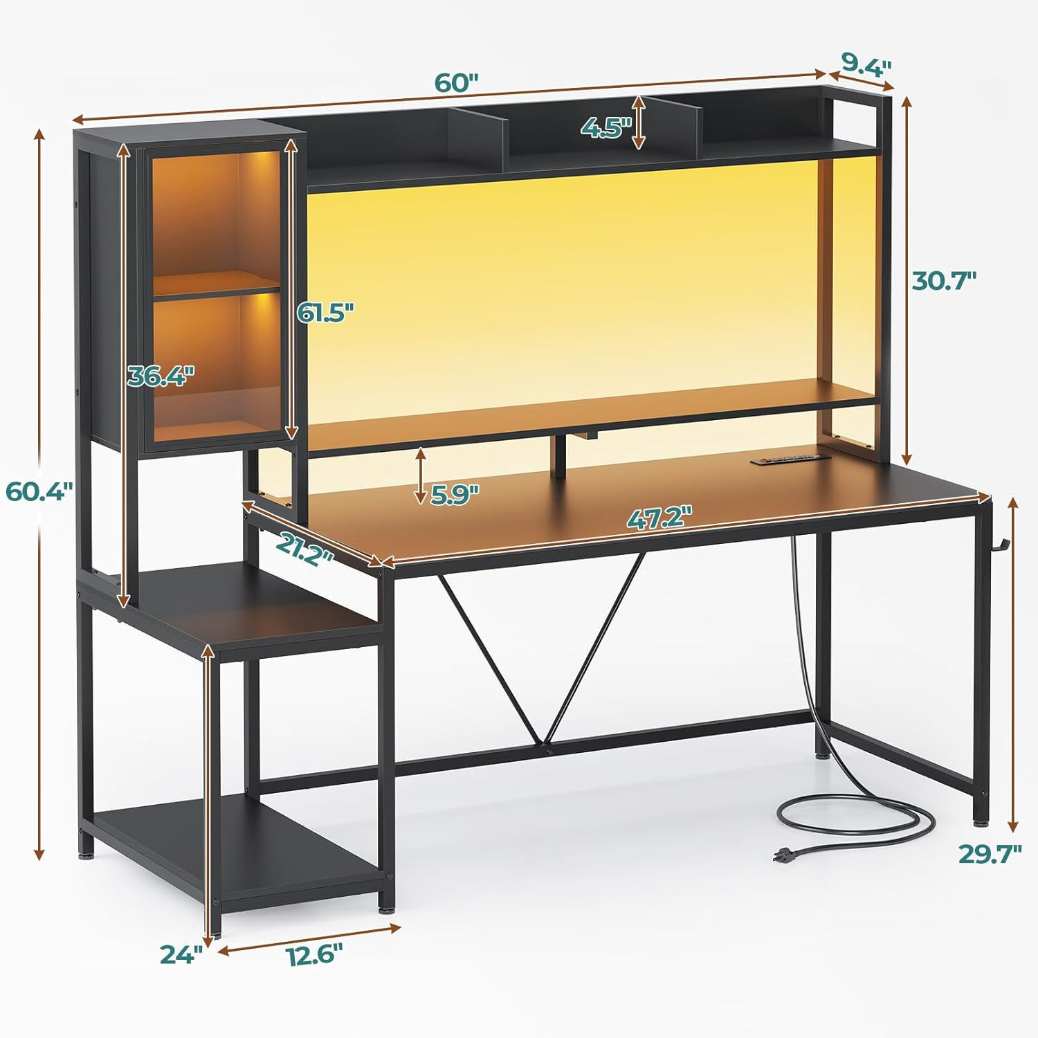 Afuhokles Computer Desk with Hutch and Charging Station, Gaming Desk with LED Light, Monitor Stand, Glass Display Cabinet, Black