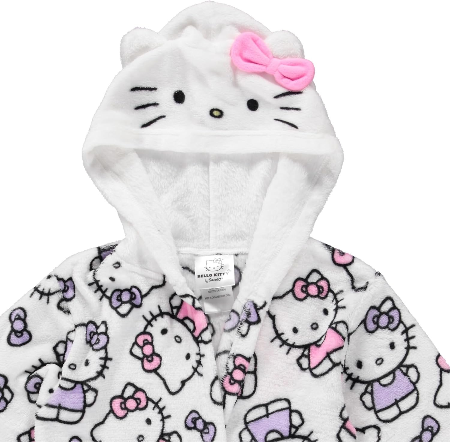 Hello Kitty Girls Fleece Kids Hooded Robe - Super Soft Plush Kids Spa Bathrobe with Pockets, Sizes 4-10 - Official Product