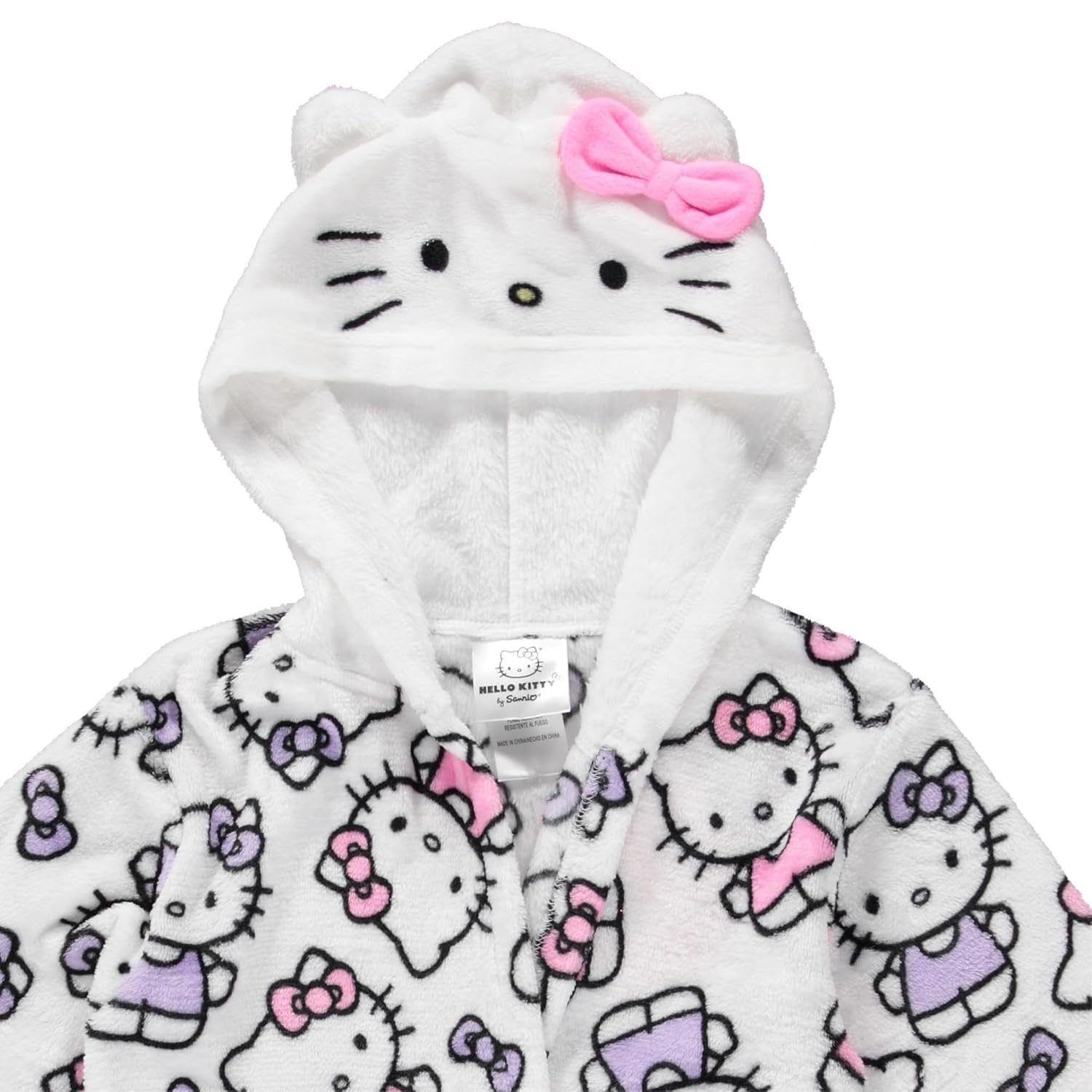 Hello Kitty Girls Fleece Kids Hooded Robe - Super Soft Plush Kids Spa Bathrobe with Pockets, Sizes 4-10 - Official Product