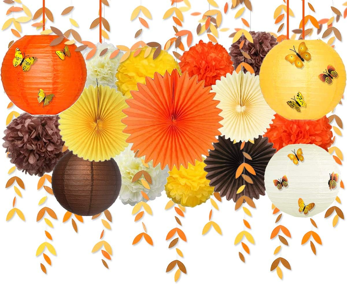 Orange Party Decorations Kit Yellow Orange Brown Paper Hanging Fans Lanterns Flowers Pom Pom with 3D Butterfly Leaves Garland for Wedding Bridal Shower Birthday Fall Autumn Thanksgiving Party Supplies