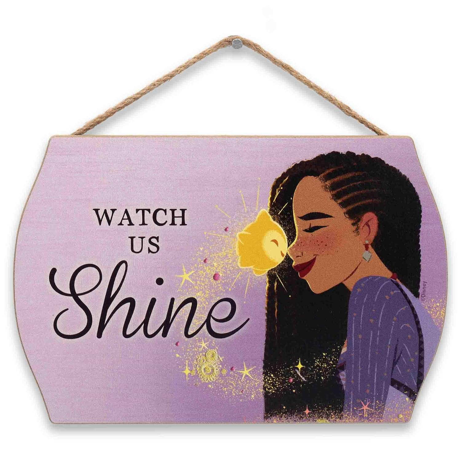 Disney Wish Watch Us Shine Asha and Star Hanging Wood Wall Decor - Adorable Wish Sign for Kids' Bedroom or Movie Room