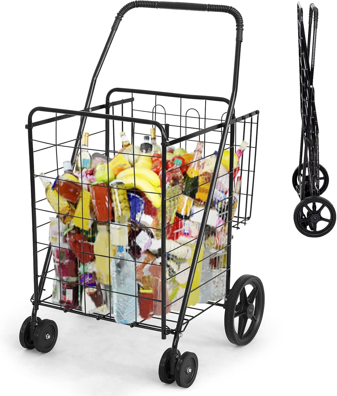 Exlonjet Folding Shopping Grocery Cart Metal Rolling Cart with Double Basket Non-Slip Handle and Swivel Wheels, Light Weight Utility Cart for Laundry Book Luggage Travel