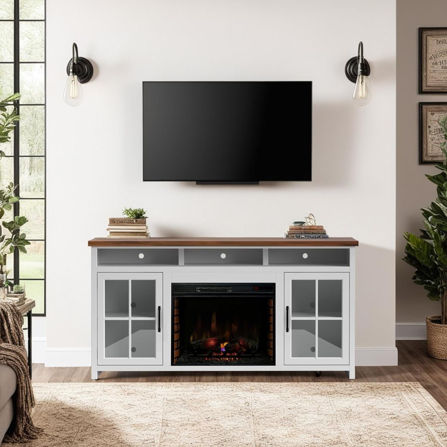 Hampton 74" White Wood TV Stand with Fireplace