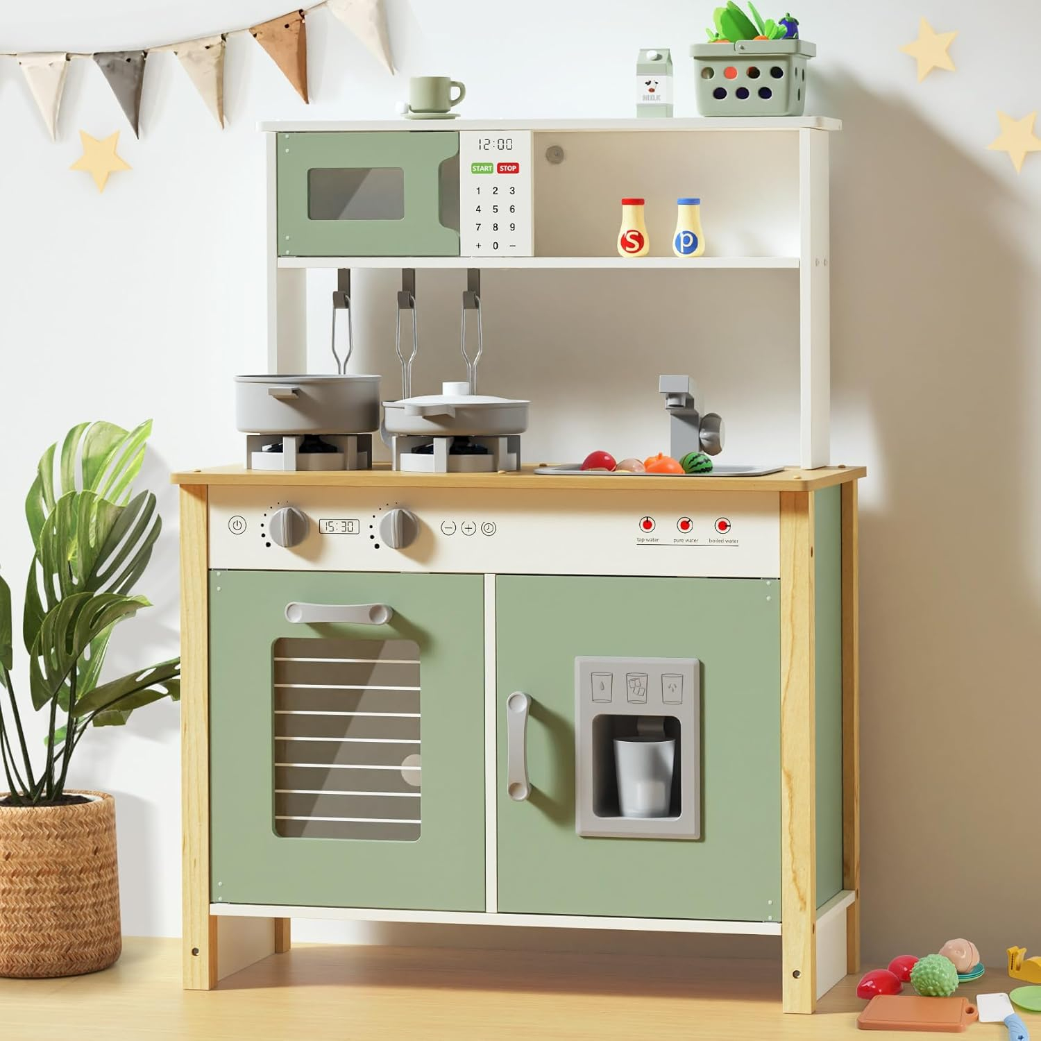 Wooden Kitchen Playset for Kids Ages 3+ with Realistic Lights, Sounds, Stove, Sink, Oven, and Accessories, Toys Kitchen Small Pretend Play Kitchen for Toddlers (Green)