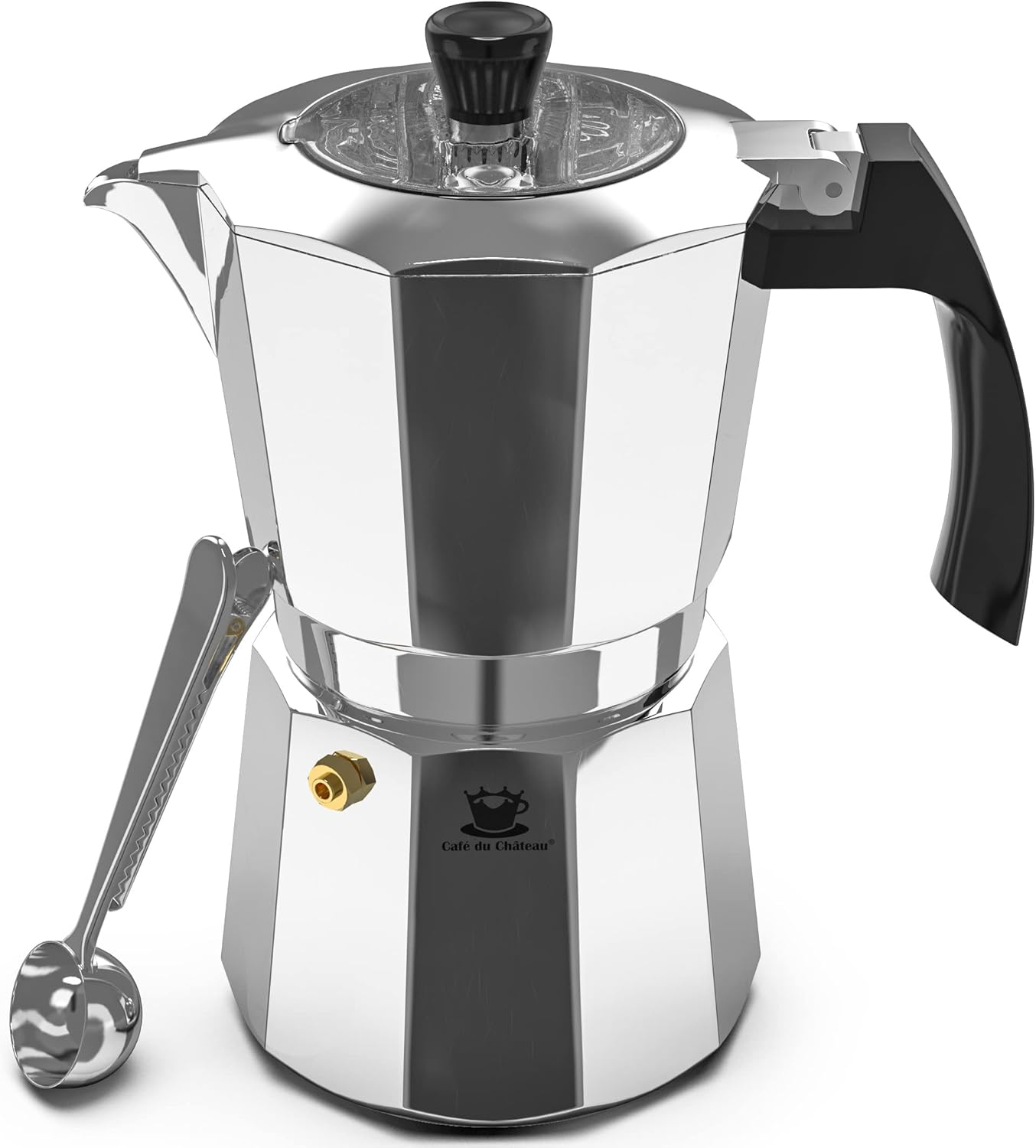 Espresso Maker by Cafe Du Chateau (313.5ml) Transparent Top Lid, High Gloss Finish, Free Coffee Clip Spoon, Coffee Percolator