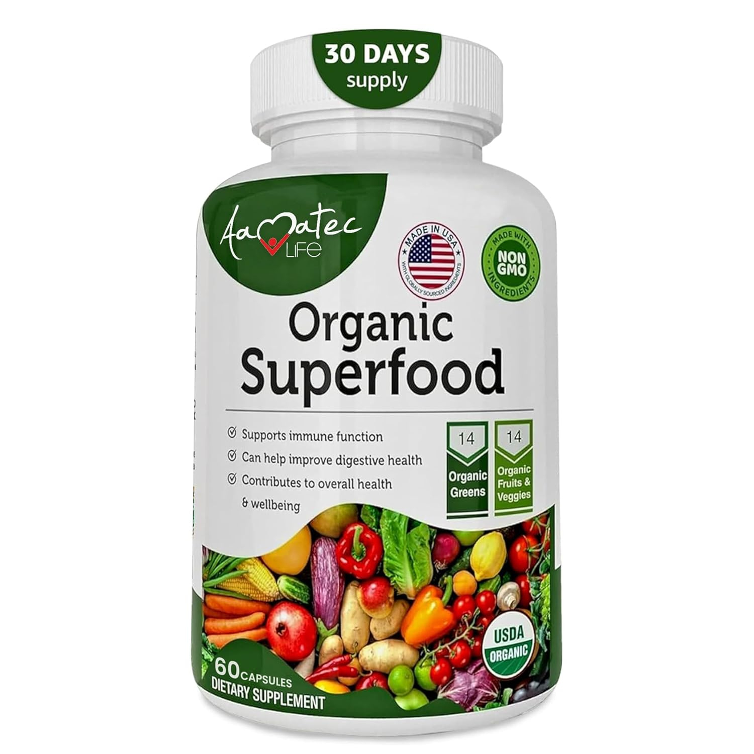 Organic Superfood Greens Fruits and Veggies Complex - Dietary Supplement with 14 Greens and 14 Fruits & Vegetables with Alfalfa Rich in Antioxidant Organic Ingredients Non-GMO 60 Capsules