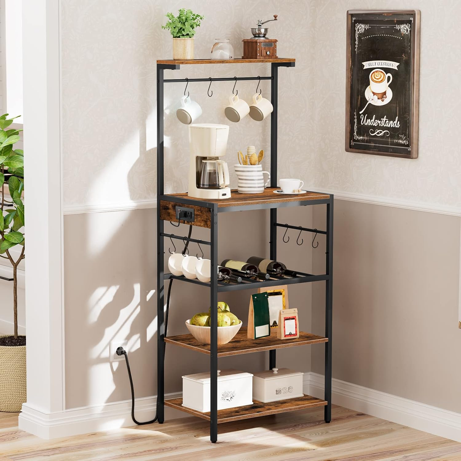 HOOBRO Kitchen Bakers Rack with Power Outlet, 5-Tier Coffee Bar with Adjustable Wine Rack, Microwave Stand with 10 S-Shaped Hooks, Kitchen Storage Shelf Rack, Rustic Brown BF60UHB01