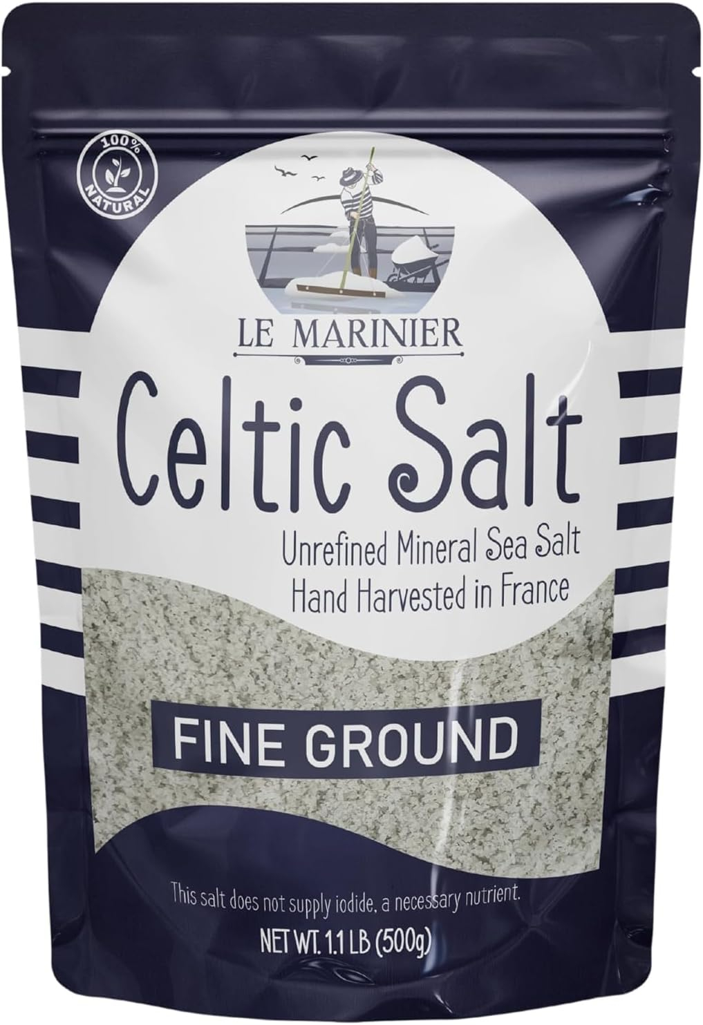 Le Marinier Celtic Salt Fine Ground, 1.1lb - 18oz. Unrefined French Sea Salt 100% Natural, Hand Harvested Mineral Celtic Salt (1.1lb Fine Ground)