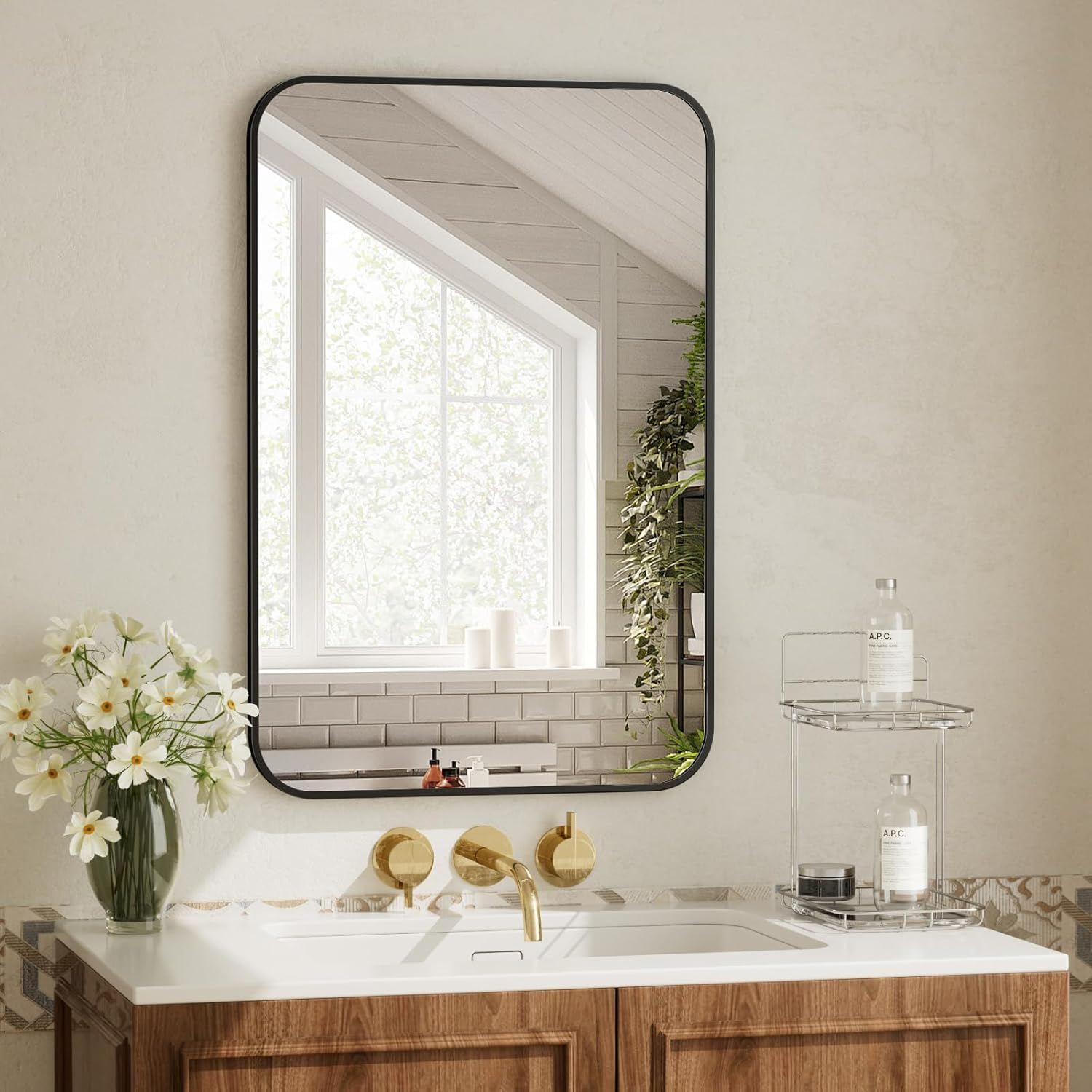 BEAUTYPEAK 20" x 28" Rectangular Aluminum Alloy Frame Wall Mounted Bathroom Mirror with Rounded Corners, Black