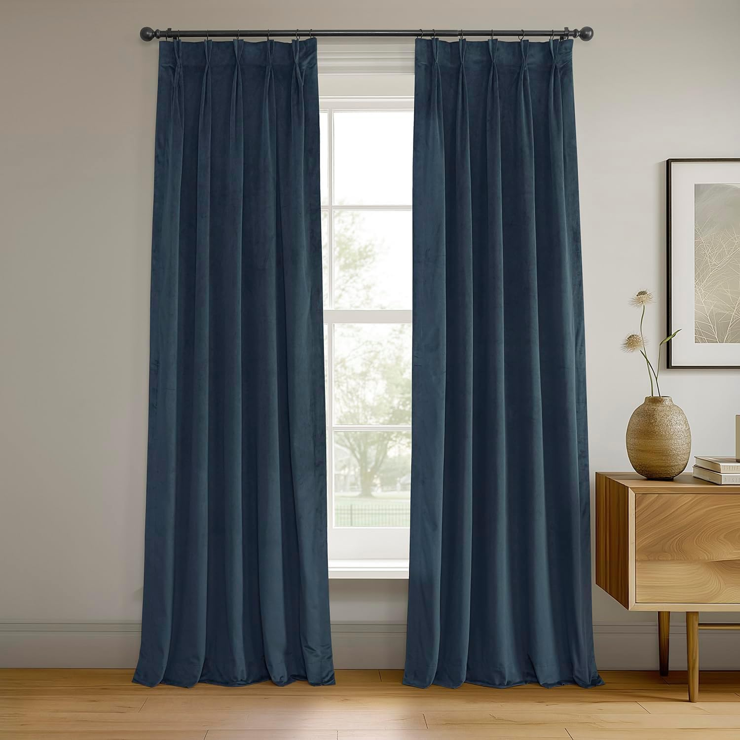 Half Price Drapes Signature Midnight Blue French Pleat Velvet Blackout Curtains(1 Panel), 50WX 96L