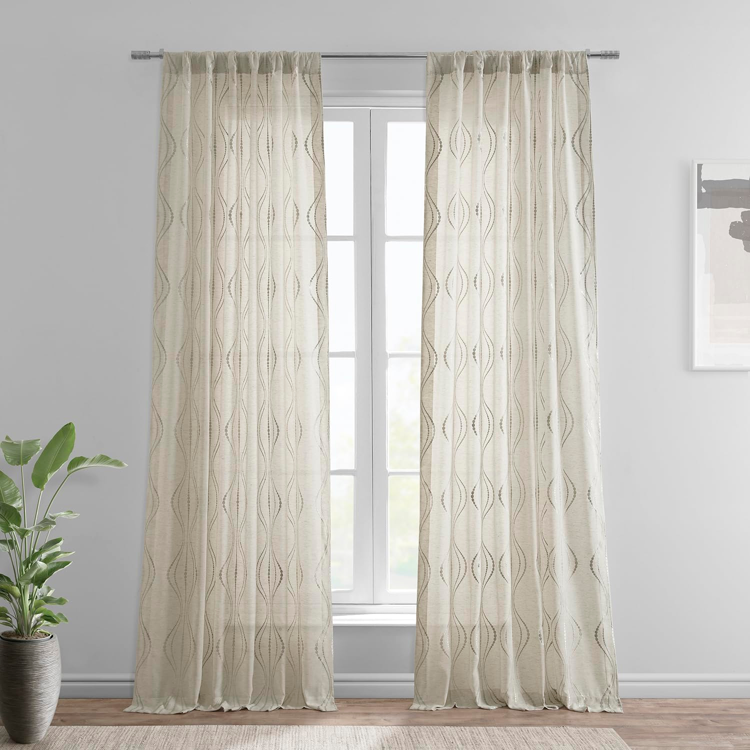 Suez Natural Embroidered Faux Linen Sheer Curtain (1 Panel), Suez Natural, 50W X 96L