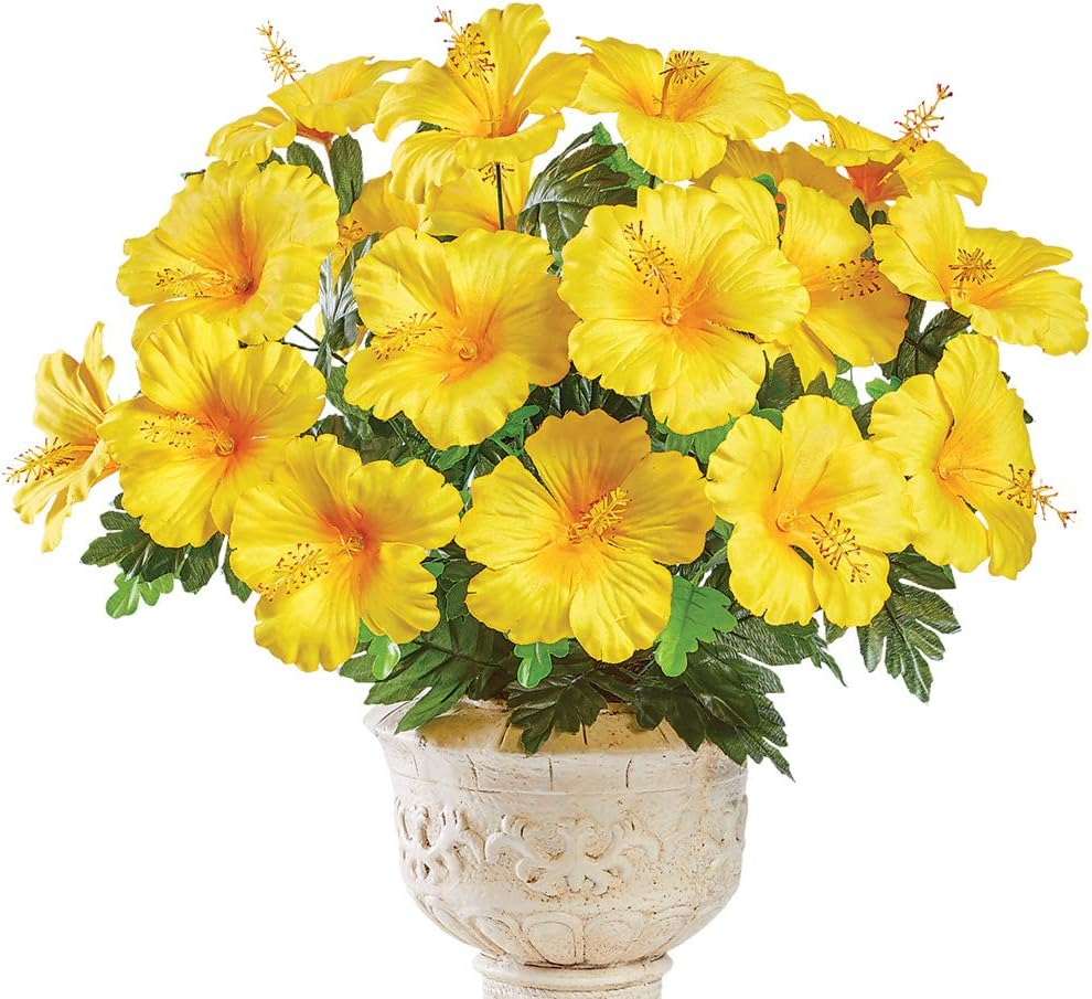 Collections Etc Bright Tropical Faux Hibiscus Bushes - Set of 3, Outdoor or Indoor Decorative Accent