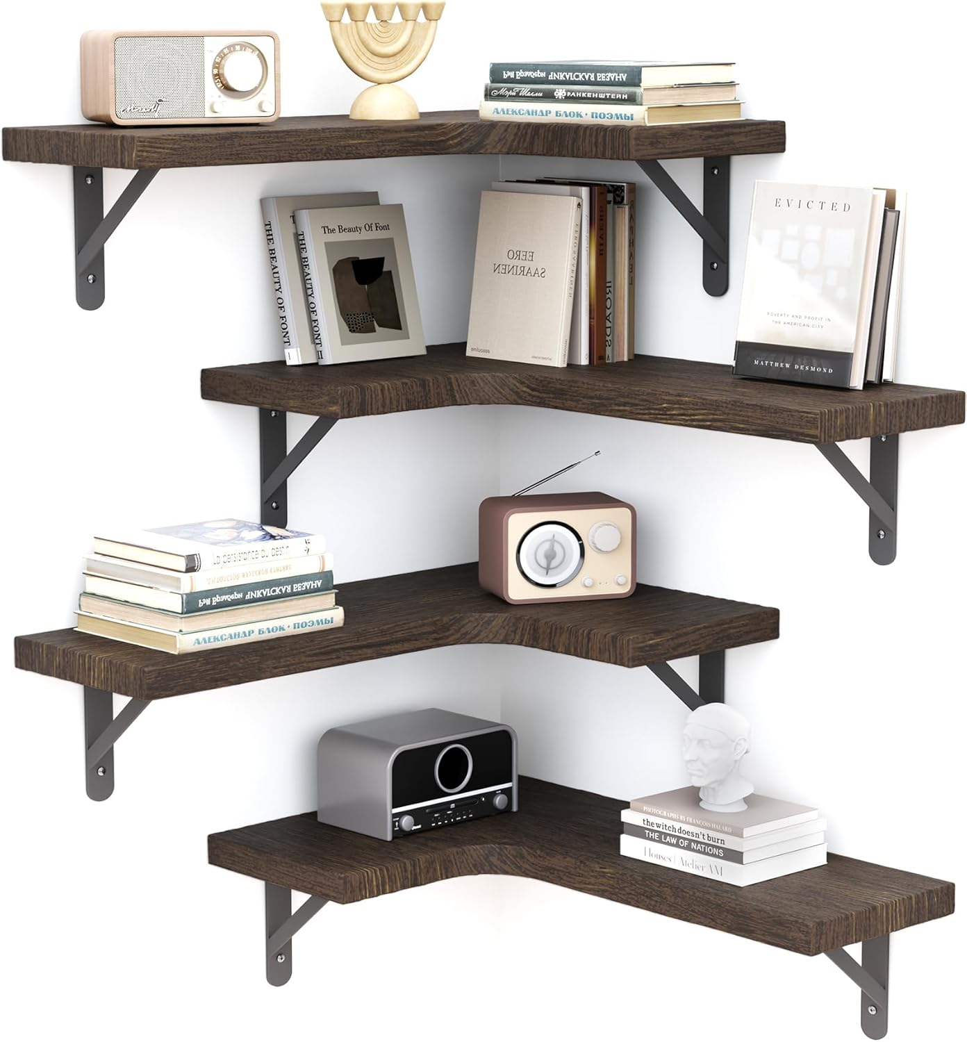 Corner Floating Shelves, Set of 4 Corner Wall Shelves, Shelves for Wall Decor, Corner Wood Shelves for Home Decor, Office, Bedroom, Bathroom, Laundry Room, Kitchen, Black