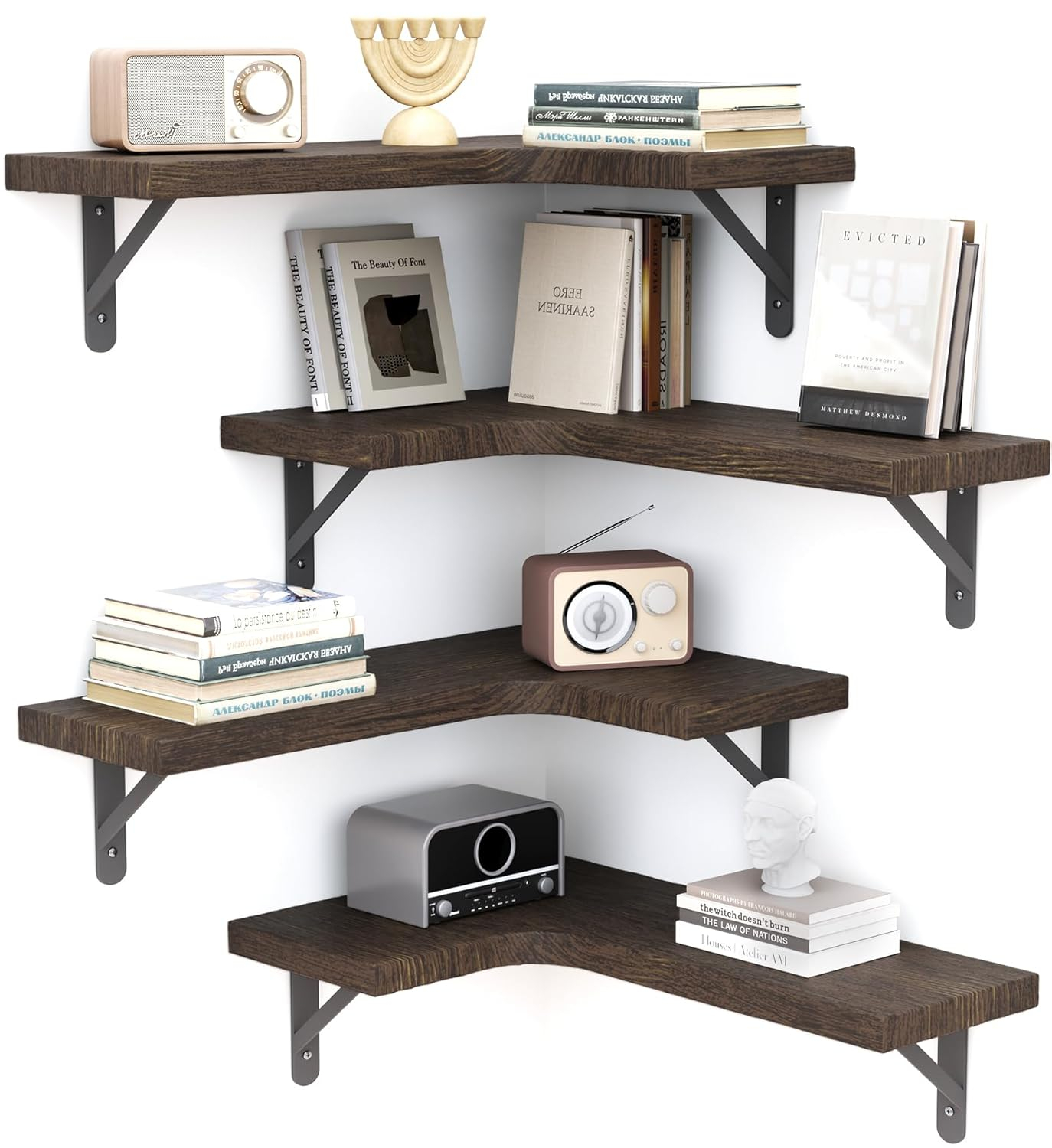 Corner Floating Shelves, Set of 4 Corner Wall Shelves, Shelves for Wall Decor, Corner Wood Shelves for Home Decor, Office, Bedroom, Bathroom, Laundry Room, Kitchen, Black