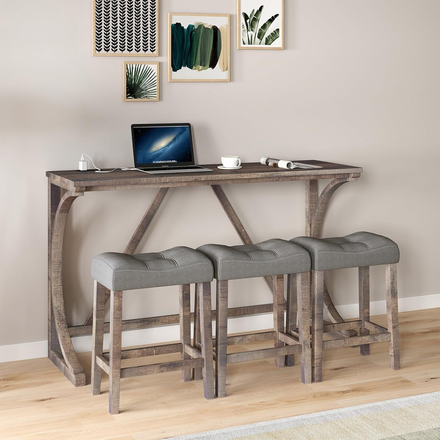 59'' Industrial 4 Piece Bar Table Set with Power Outlet Breakfast Table Set with Brown Bar Table and 3 Gray Chairs for Living Room Dining Room Game Room