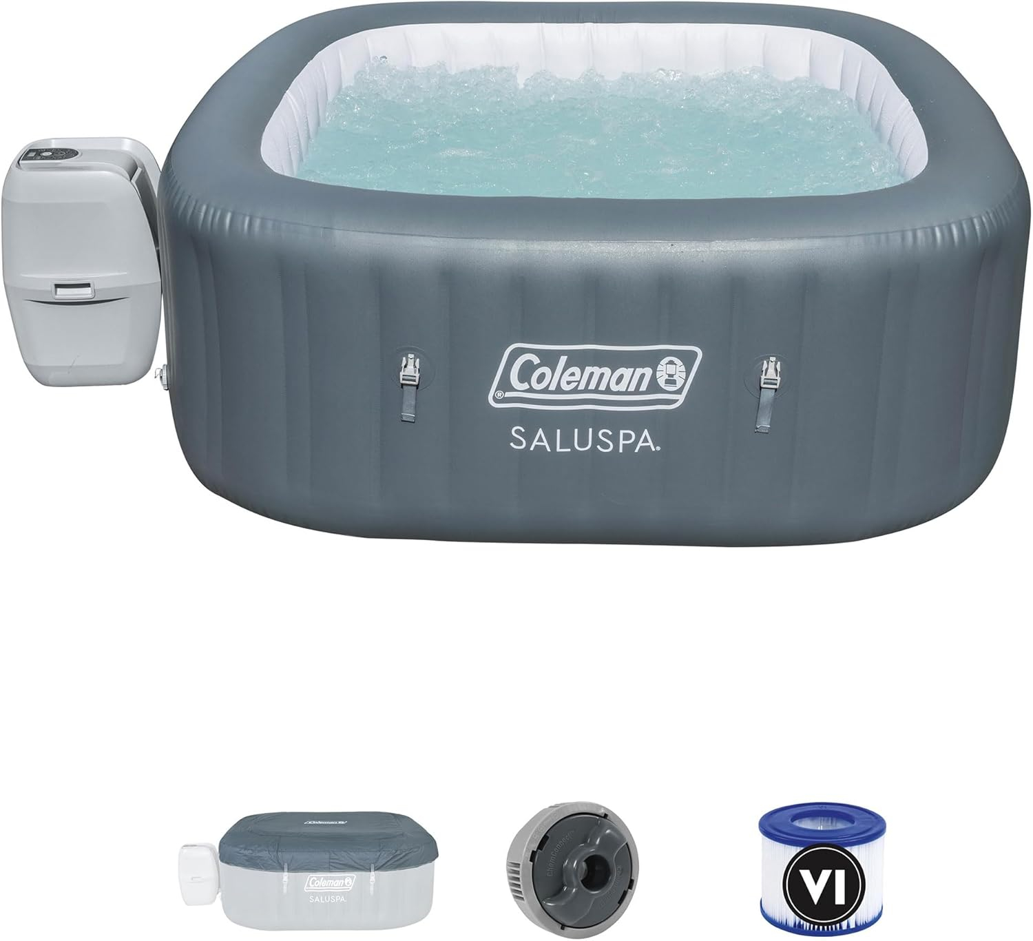 Coleman SaluSpa AirJet 4 to 6 Person Inflatable Hot Tub Square Portable Outdoor Spa with 114 Soothing AirJets and Insulated Cover, Gray