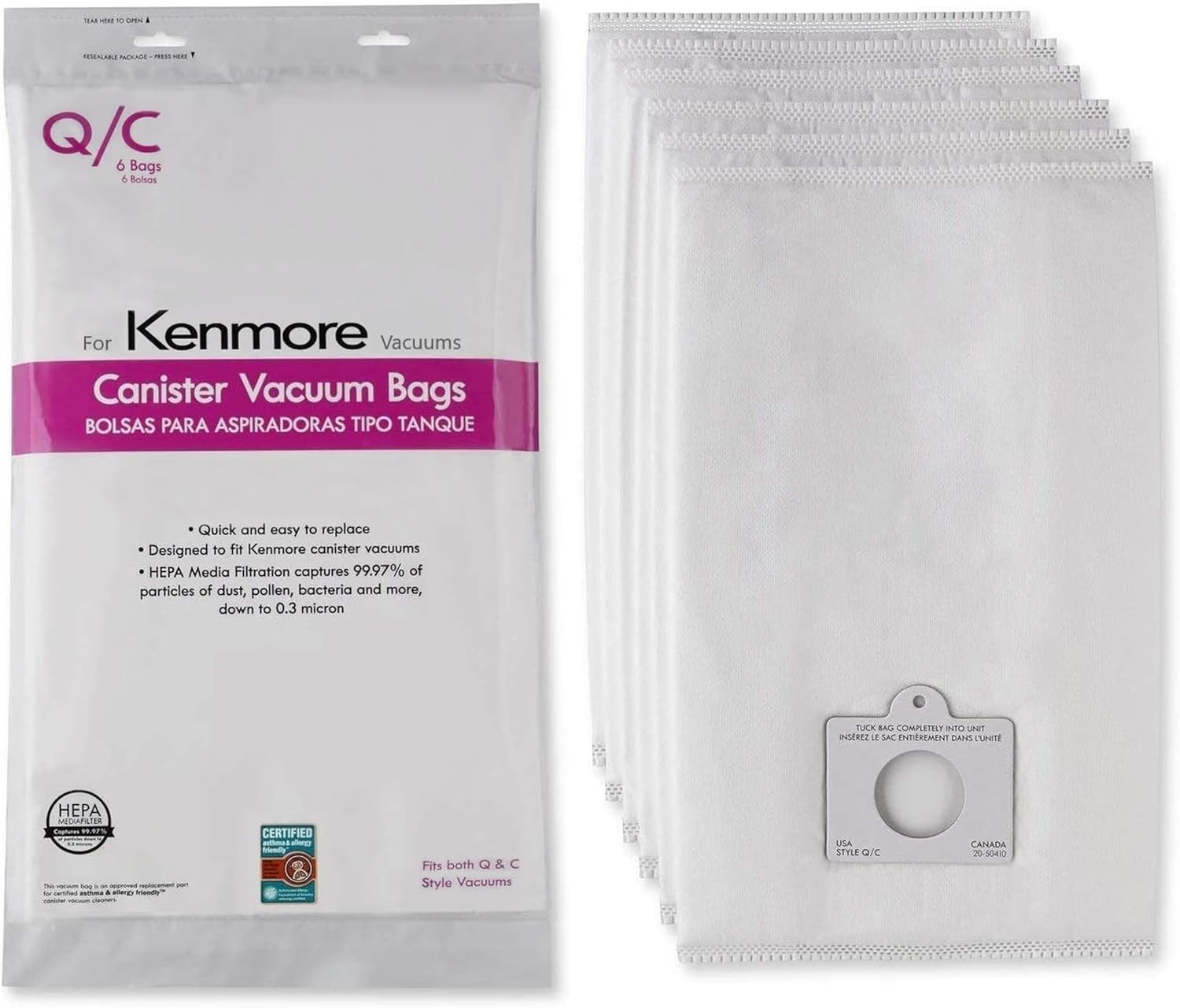 6 Pack Type Q HEPA Canister Vacuum Bags for Kenmore, 53292 Replacement Canister Vacuum Cleaner Bags for Kenmore 81214, 81414, 81614, 81615, 81714, 21814, BC7005, BC3005,BC2005
