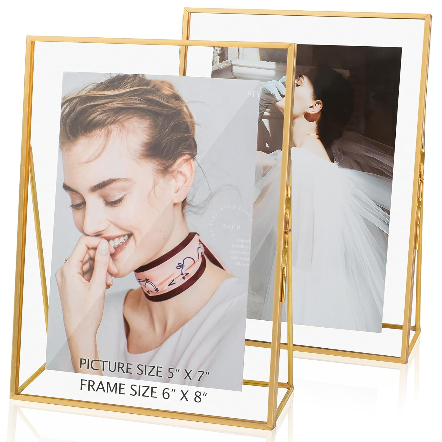 Gold Floating Picture Frame Set of 2, Glass Picture Pressed Flower Frames, Gold Floating Frame for 5x7 Photo Vertical Standing Tabletop Display