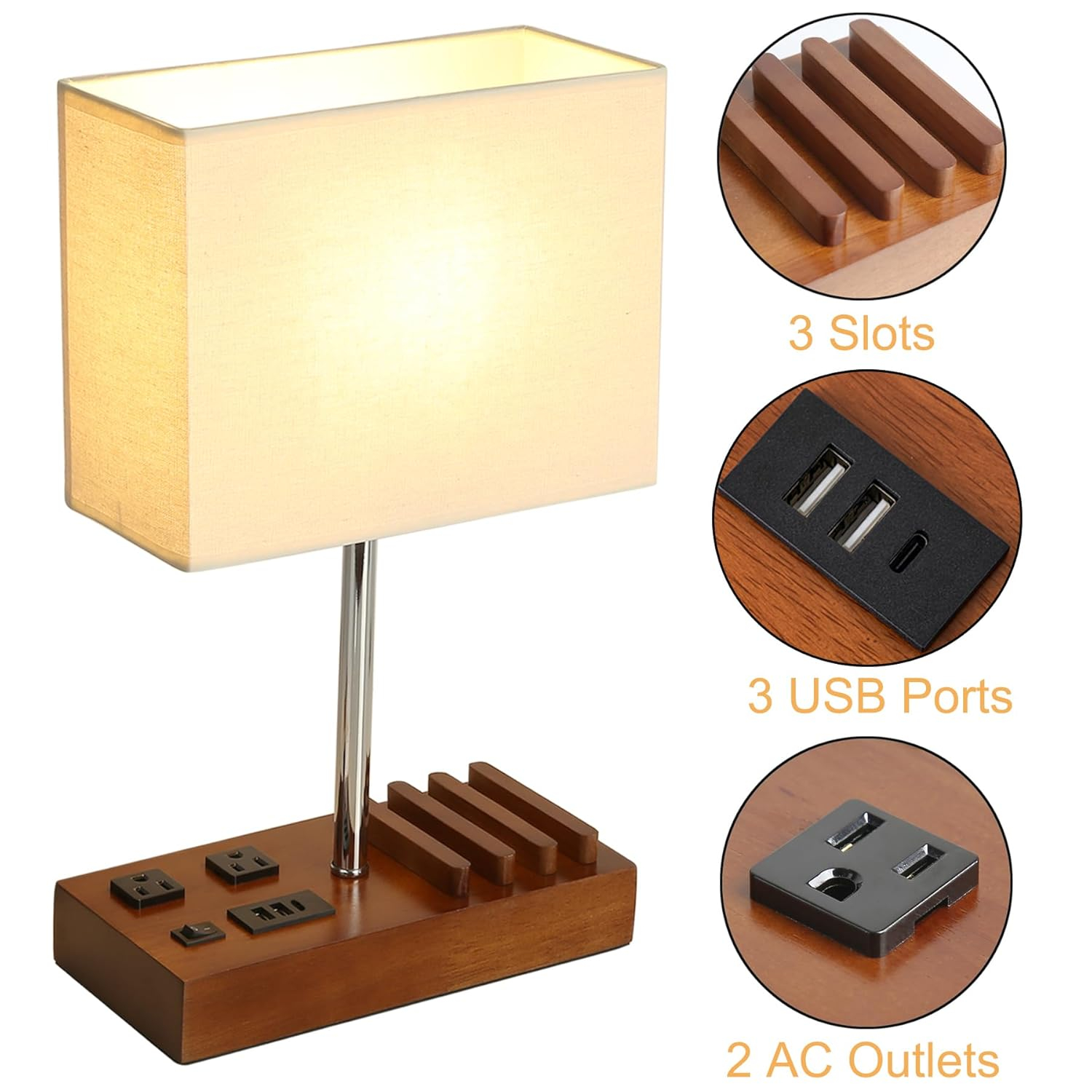 Briever USB Table Lamp, Multi-Functional Bedside Desk Lamp with 2 AC Outlets, 3 USB Charging Ports and Wooden Phone Stands, Modern Nightstand Lamp for Bedroom, Guest Room, Office