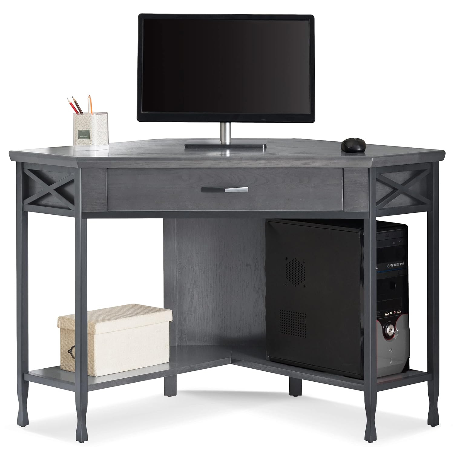 Leick Home 23430 Chisel & Forge Corner Computer Writing Desk with Drop Front Keyboard Drawer, Smoke Gray and Matte Black