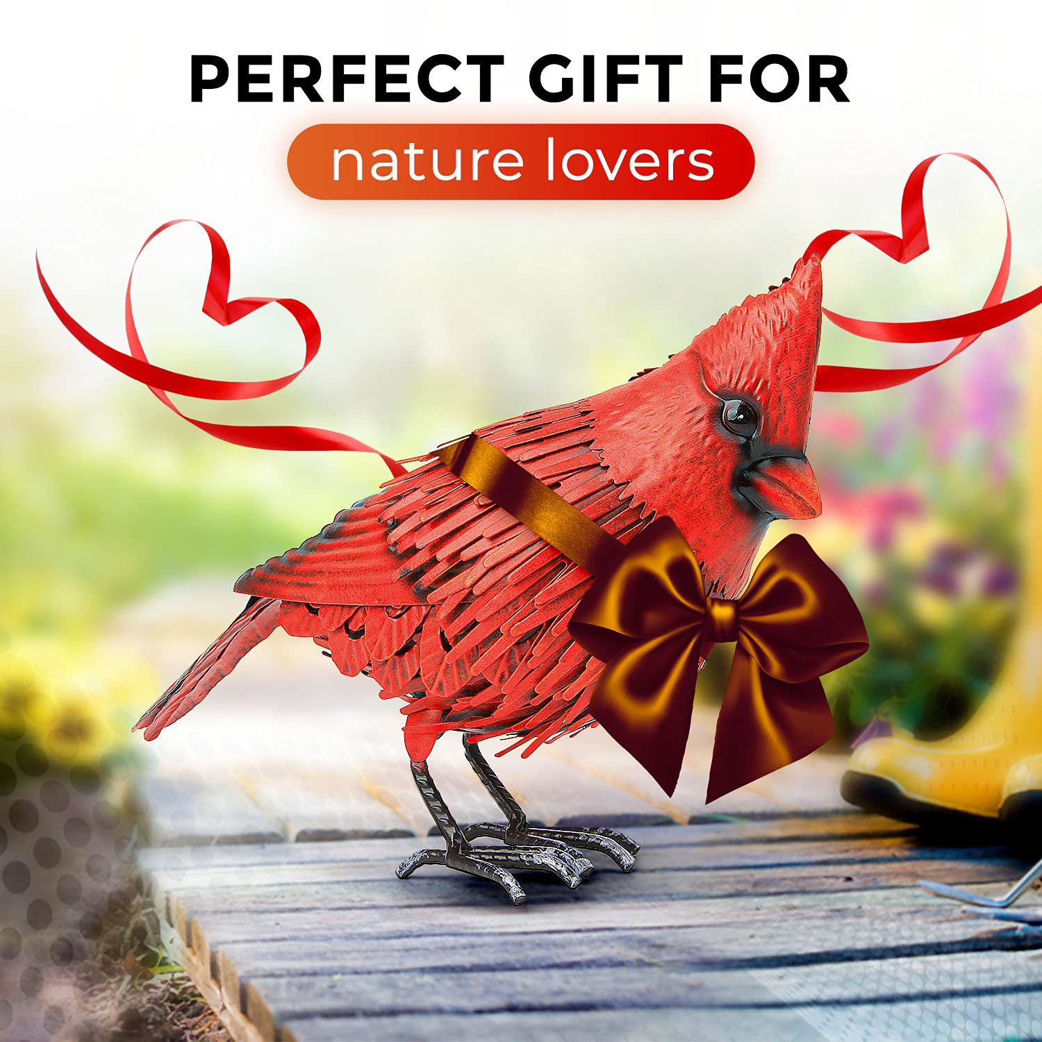 Cardinal Metal Bird Yard Art- Large Red Bird Outdoor Spring Decoration- Handmade Metal Garden Decor - Collectible w/Unique Realistic Design