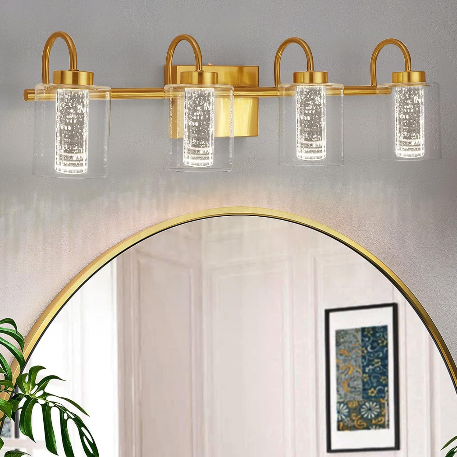Litake 5 Light Brushed Gold Vanity Lights, Bathroom Light Fixtures Crystal Bubble Glass Dimmable 3 Color Temperatures Modern Wall Sconce for Bathroom Hallway Kitchen Bedroom Living Room