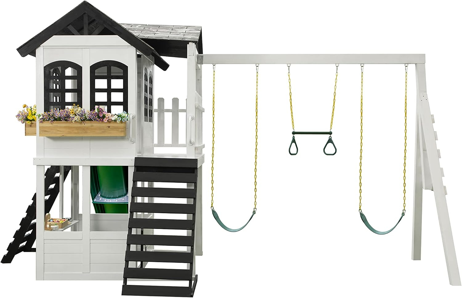 2MamaBees Reign Two Story Playhouse | Black & White Farmhouse Design with Kitchen and Garden