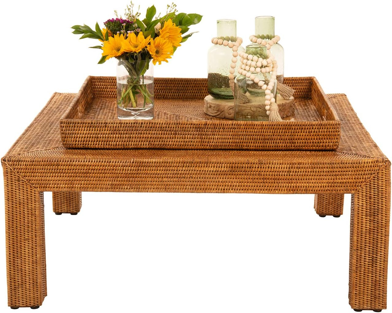 Kouboo La Jolla Square Rattan Jumbo Sized Centerpiece and Ottoman Tray, for Coffee Table, Breakfast, Drinks, Snack, Bread