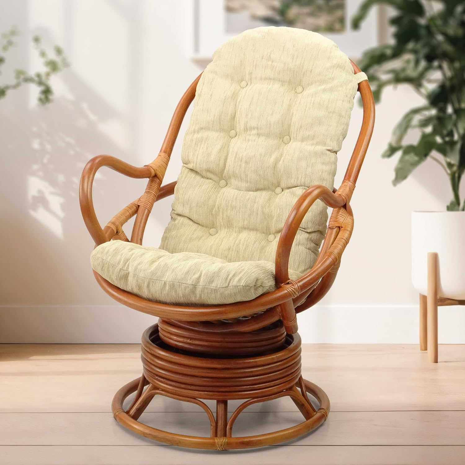 Java Lounge Swivel Rocking Chair with Cream Cushion Natural Rattan Wicker Handmade, Colonial